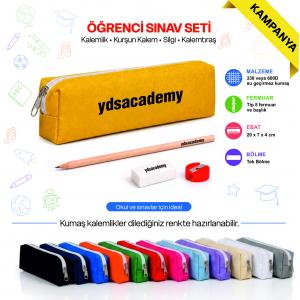 Logo Baskılı Öğrenci Sınav Seti (Kumaş Kalemlik, Naturel Kurşun Kalem, Silgi ve Kalemtraş)