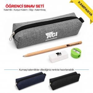 Öğrenci Sınav Seti | Gri Keten İmperteks Kalemlik, Kalem, Silgi ve Kalemtıraş